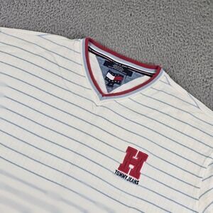 VINTAGE Tommy Jeans Shirt Mens XL White Blue Striped V Neck Embroidered H 00s